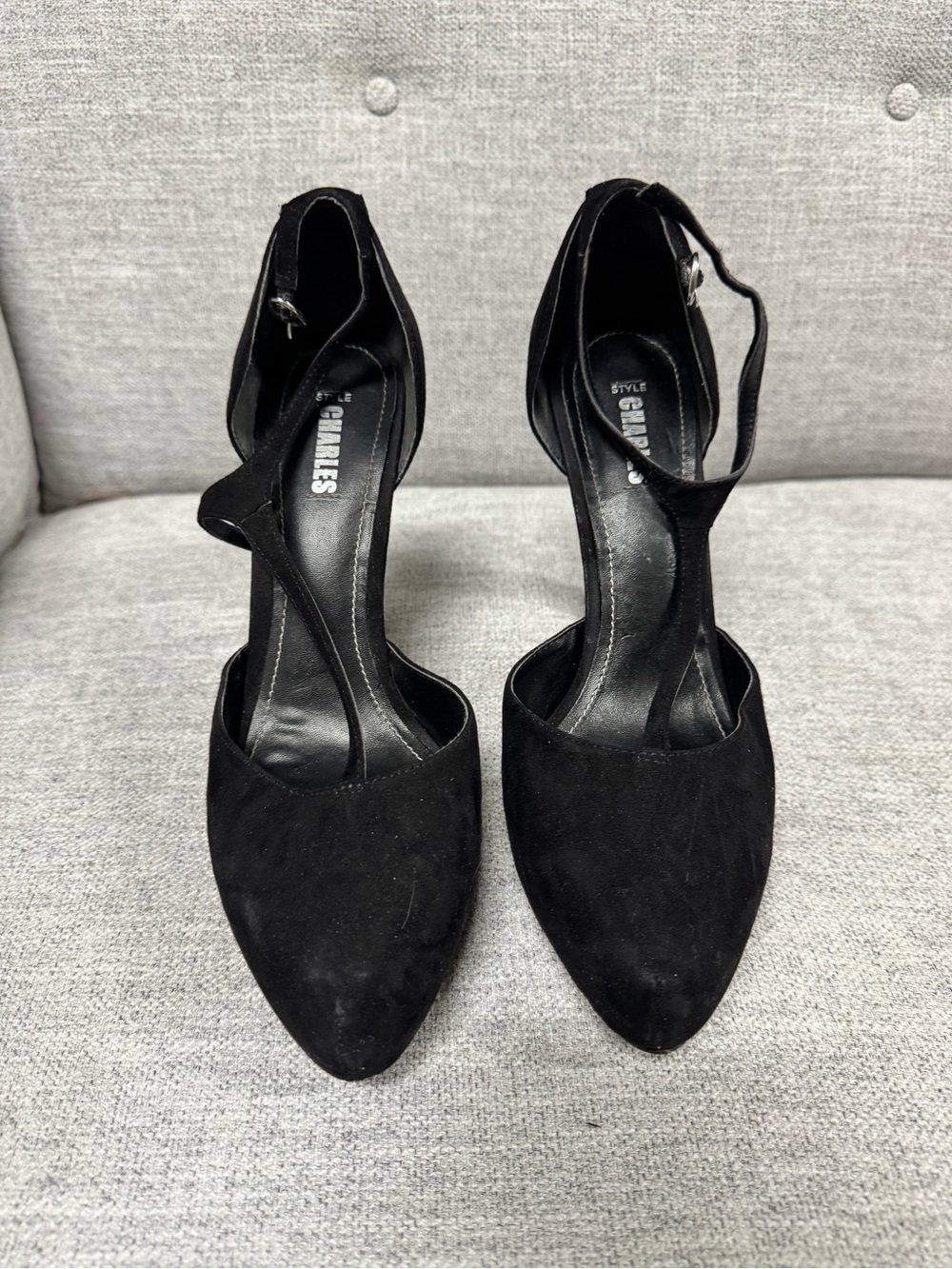 Charlies Black Pointed-Toe Ankle-Strap Heels
